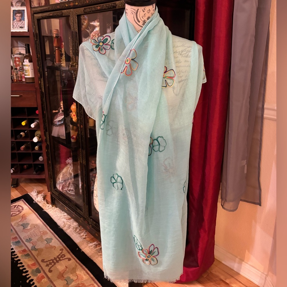 Floral Embroidered Aquamarine Scarf